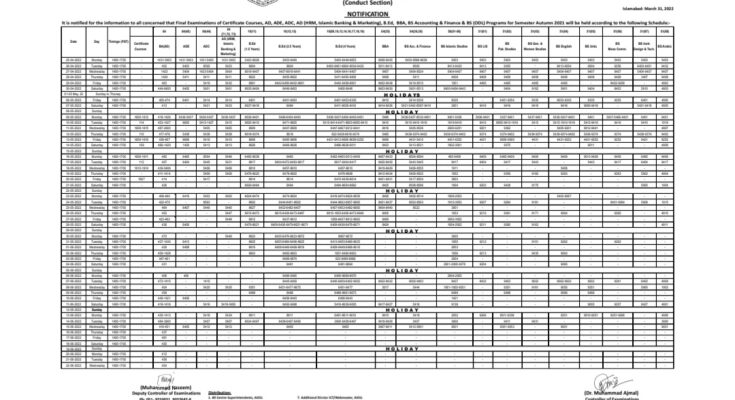 Aiou Exam Date Sheet Autumn 2021